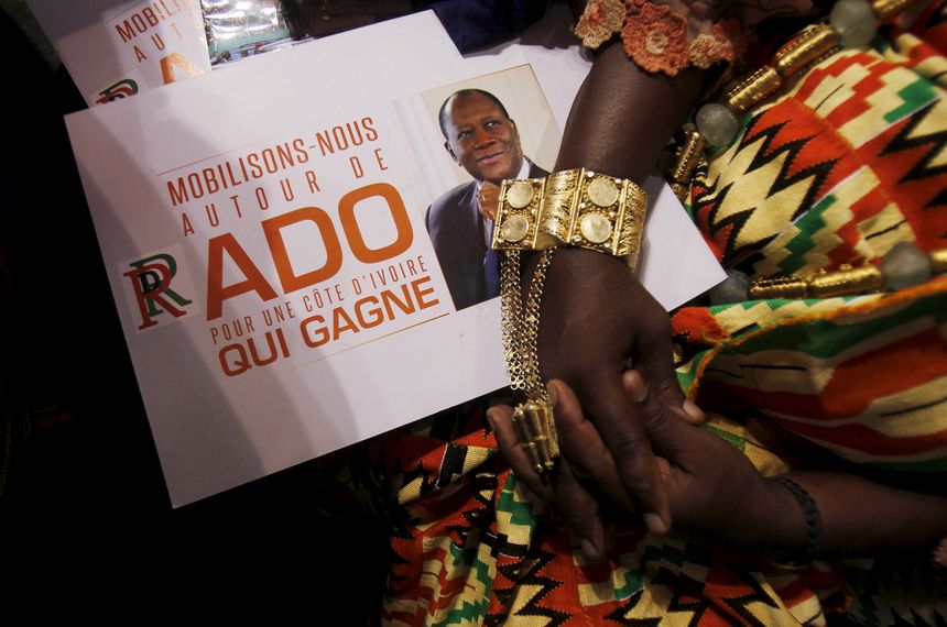 portrait of incumbent president Alassane Ouattara on it, during the congress of the Rally of the Republicans (RDR) at the Treich