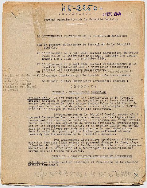 Ordonnance du 4 octobre 1945 relative à l'organisation de la Sécurité sociale