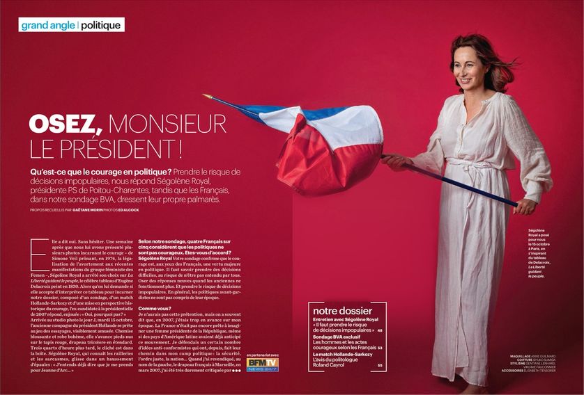 Ségolène Royal s'inspirant du tableau de Delacroix "La Liberté guidant le peuple", pour le Parisien magazine en octobre 2013