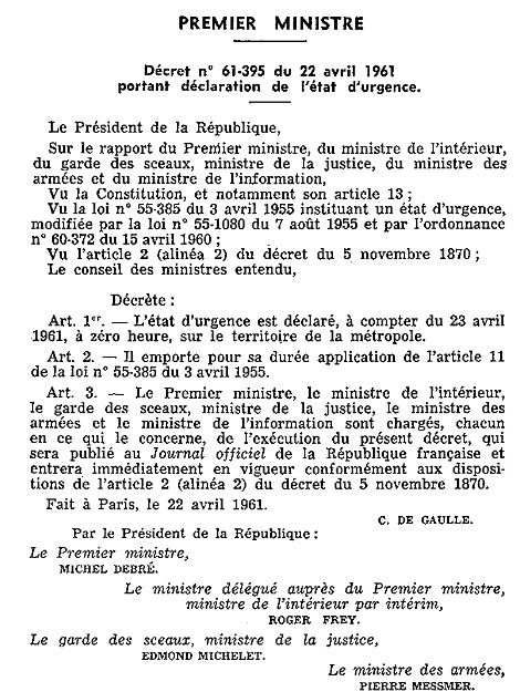 Décret sur l'état d'urgence du 22 avril 1961
