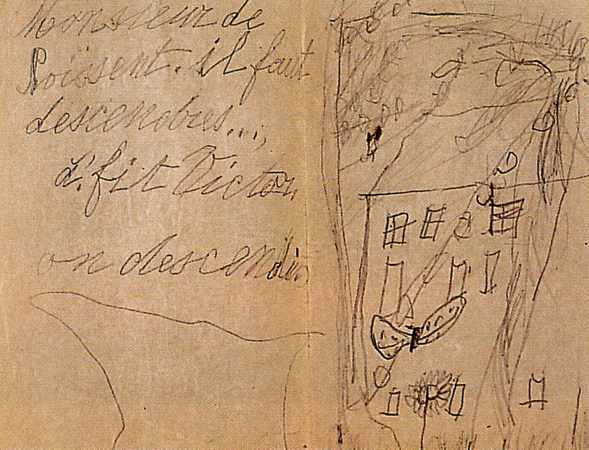 Double-page avec dessin de "Noissent", premier roman d'Aragon repris sous le titre "Quelle âme divine" (1924). Manuscrit de 1903