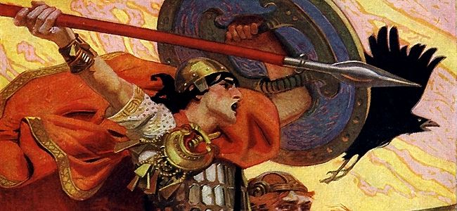 Cúchulainn conduit son char vers la bataille. Illustration de Joseph Christian Leyendecker. 1911.