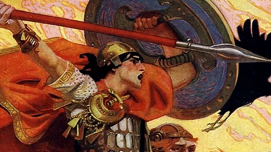 Cúchulainn conduit son char vers la bataille. Illustration de Joseph Christian Leyendecker. 1911.