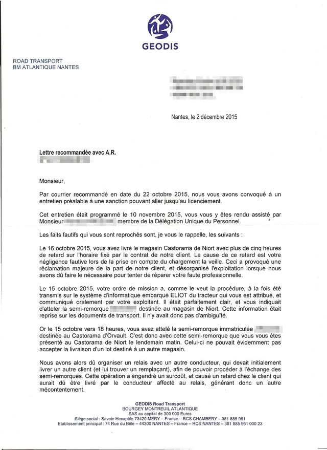 La lettre de licenciement reçu par le salarié de Géodis