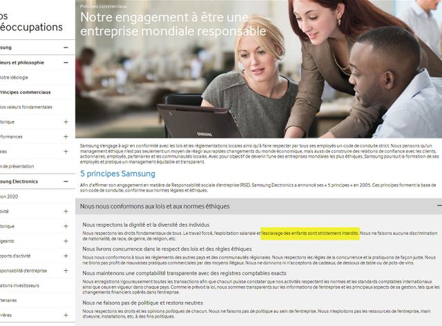 Saisie d'écran des engagements éthiques de Samsung sur le site internet de l'entreprise