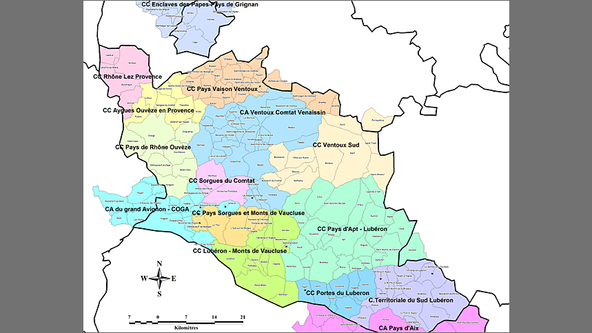 Carte actuelle des communautés de communes et d'agglomérations en Vaucluse.