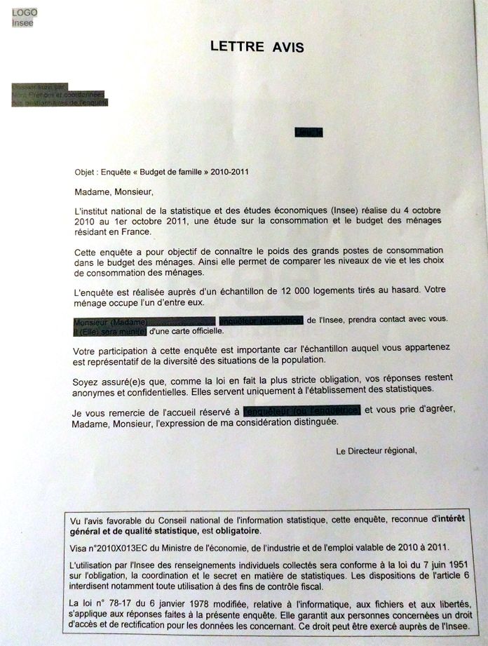Prototype de lettre avis de l'Insee