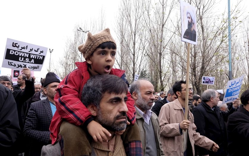 Iranian boy shouts slogans as he attends a rally against the execution of Sheikh Nimr al-Nimr in Saudi Arabia, after Friday pra