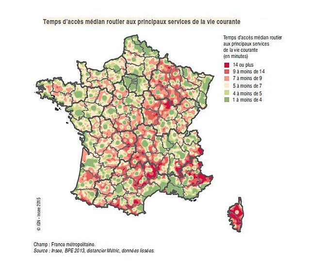 Temps d'accès aux services selon les régions