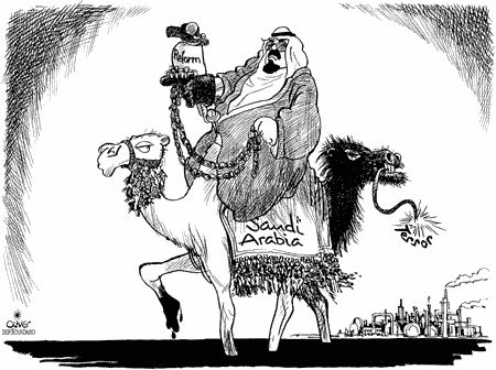 Dessin d'Oliver, l'Arabie Saoudite entre terreur et réforme, publié dans Courrier International en 2005