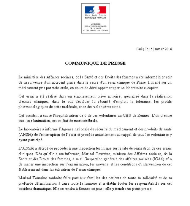 Le communiqué du ministère de la Santé