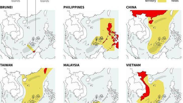 Maps showing the claims of six Asian countries contesting all or parts of the Spratly and Paracel islands in the South China Sea