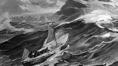 Une représentation du James Caird, à l'approche de la Georgie du Sud.