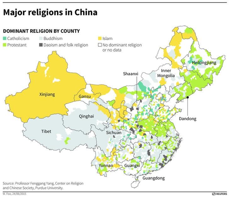 Map of China showing dominant religion by county