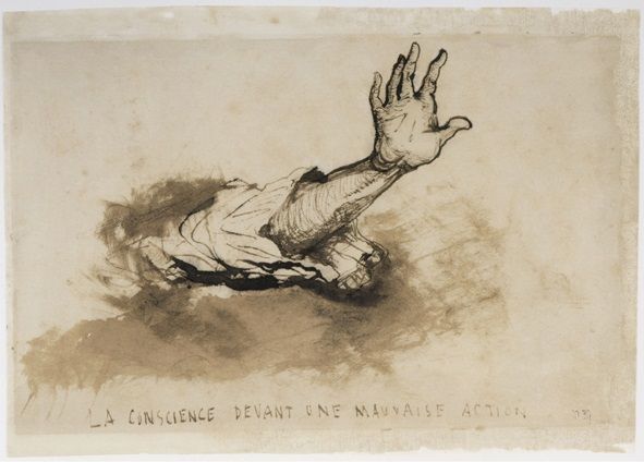 Victor Hugo (1802-1885). "La Conscience devant une mauvaise action". Plume et lavis d'encre brune sur papier vélin. Paris, maiso
