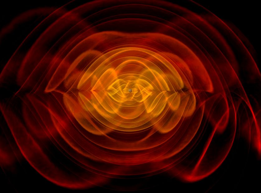 Simulation de la fusion de deux trous noirs.