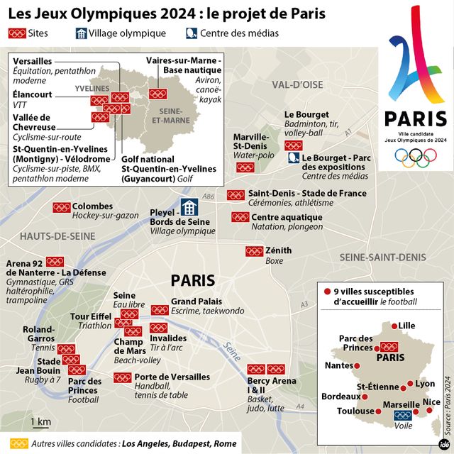 Les sites qui accueilleront les compétitions si Paris est désignée pour les JO 2024