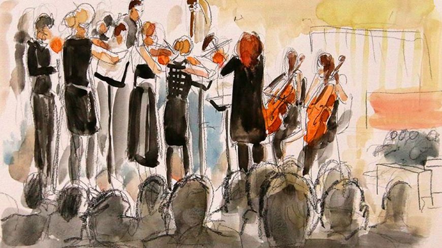 Dessin représentant l'Orchestre des lycées français se produisant pour les 25 ans de l'AEFE - illustration : LeelyDessin