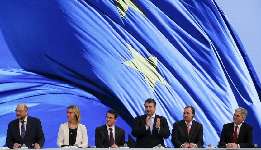 Schulz, Mogherini, Valls, Gabriel (SPD), Lofven, Faymann, Berlin 12 déc. 2015