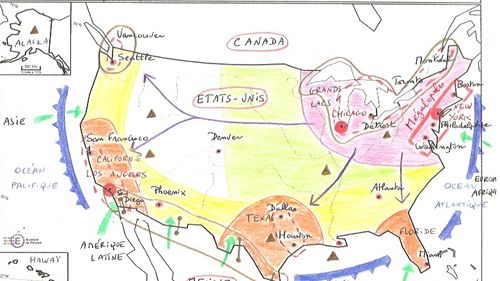 Dynamiques territoriales des Etats-Unis, croquis d'élèves