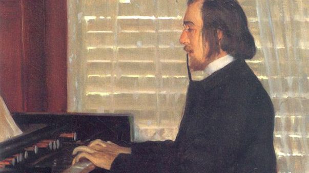 Portrait d'Eric Satie à l'harmonium peint par Santiago Rusinol