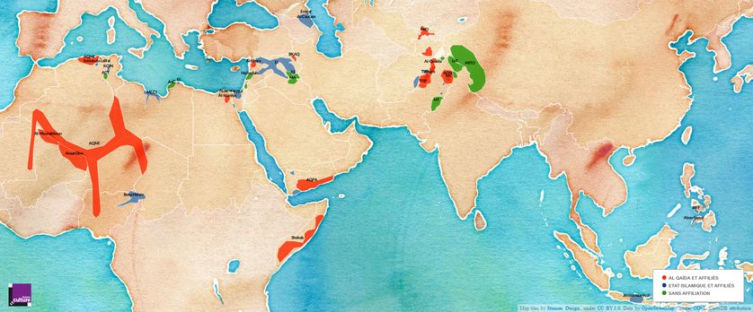 Carte de localisation des djihadismes armés et allégeances à Al Qaïda ou à l'EI