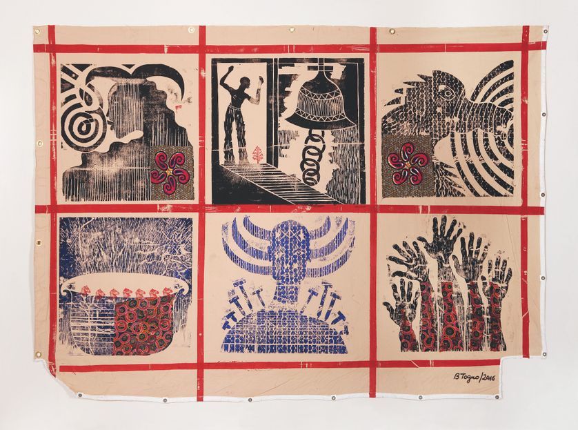 Barthélémy Toguo, Alive in a box, 2016, empreinte de gravure sur bois et collage