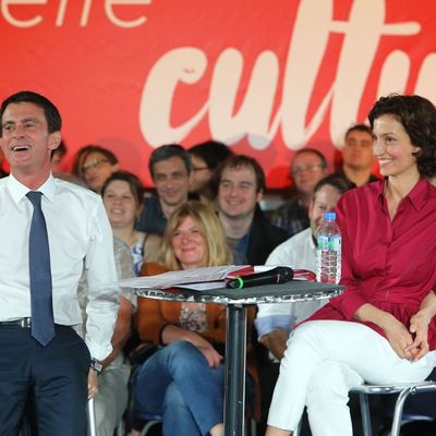 Manuel Valls et Audrey Azoulay lors d'un débat sur la culture, le 9 juin