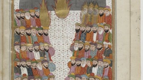 Mahomet siège devant les croyants en compagnie des quatre premiers califes. - Miniature du Cachemire, XIXe