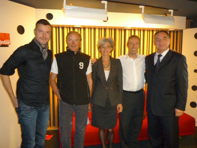 Mathieu Vidard, Jean-Pierre Haigneré, Claudie Haigneré, Jean-François Clervoy et Alexandre Skvortsov