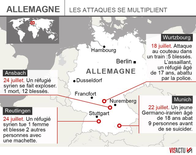 carte de localisation des quatre attaque qu'à connu l'Allemagne en quelques jours