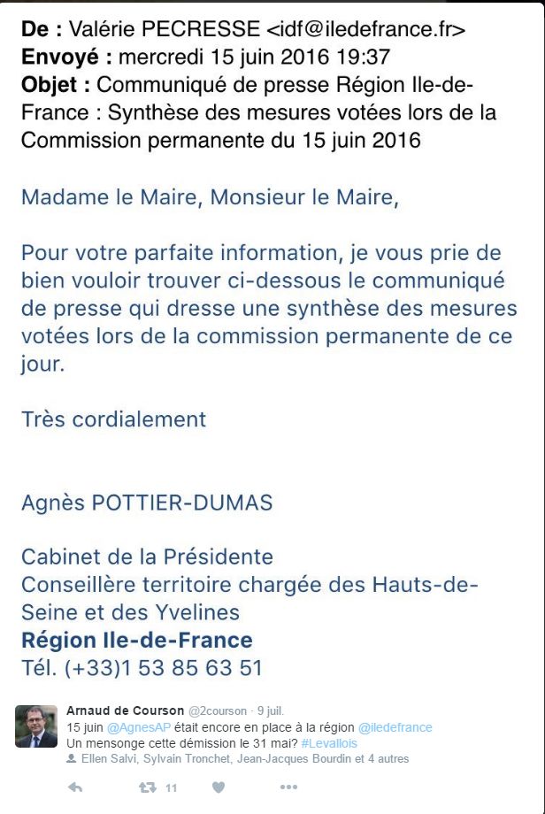 Mail publié sur le compte Twitter d'Arnaud de Courson