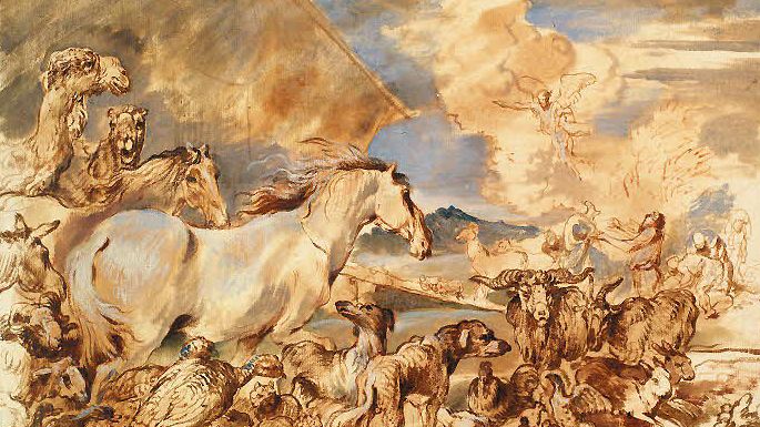 Les animaux entrant dans l'arche de Noé de Giovanni Benedetto Castiglionne vers 1650-1655 via wikipédia
