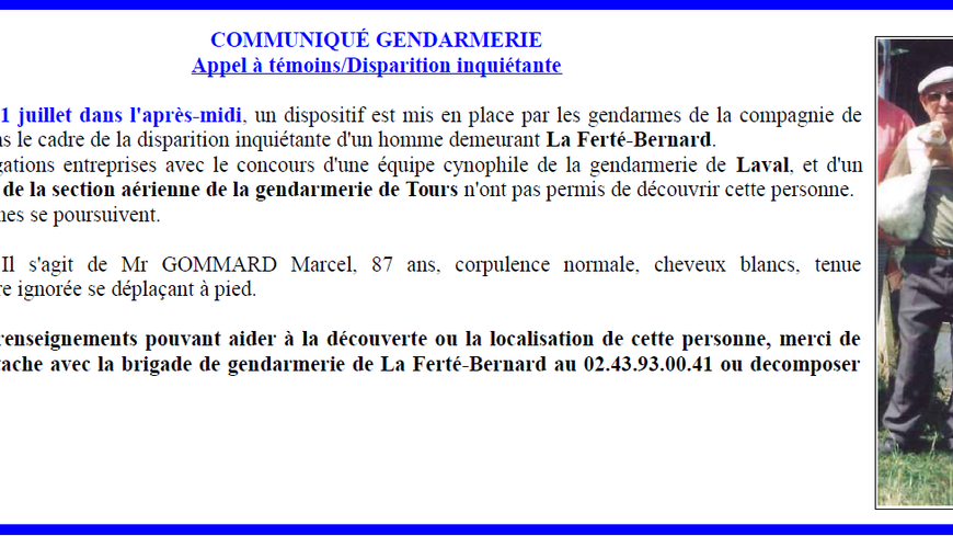 La gendarmerie a besoin de l'aide de la population pour retrouver Marcel Gommard