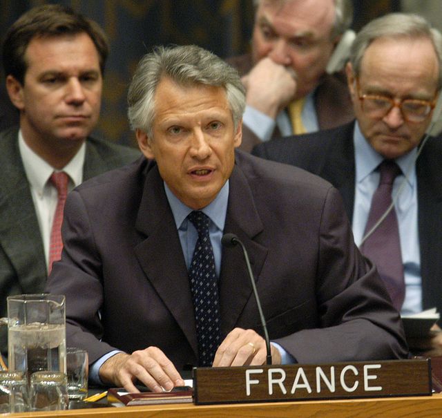 Dominique de Villepin Premier ministre, lors de son discours à l'ONU contre une intervention française en Irak
