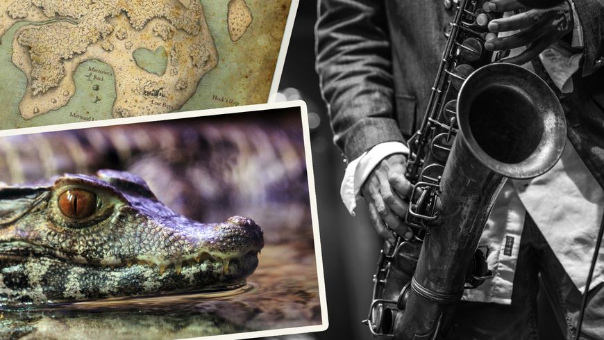 La carte de Neverland, un caïman et un joueur de jazz.