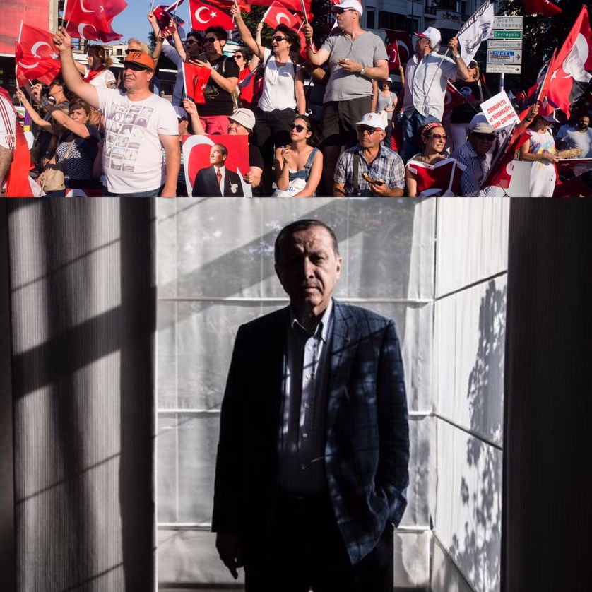 Manifestation de Turcs contre le putsch sur la place Taksim, le 24/07/2016 (source Maxpp) et portrait d'Erdogan à Istanbul, le 6 août, paru avec son interview au Monde, le 8 août 2016