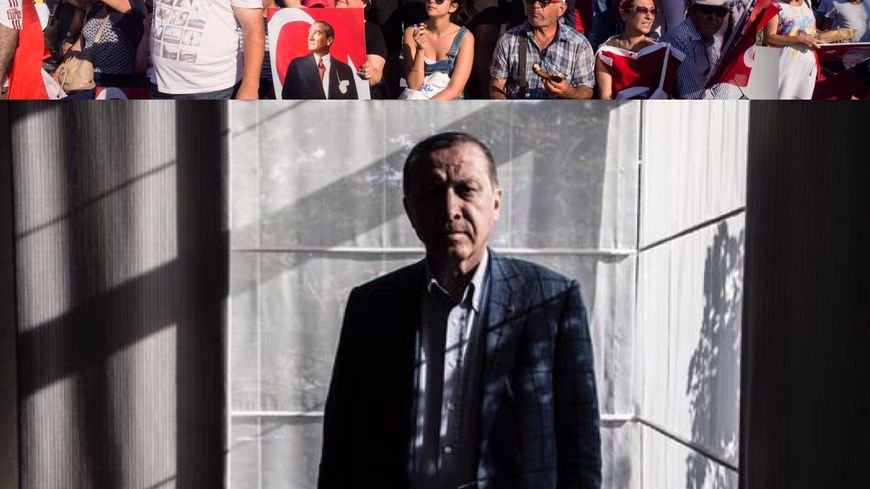 Manifestation de Turcs contre le putsch sur la place Taksim, le 24/07/2016 (source Maxpp) et portrait d'Erdogan à Istanbul, le 6 août, paru avec son interview au Monde, le 8 août 2016