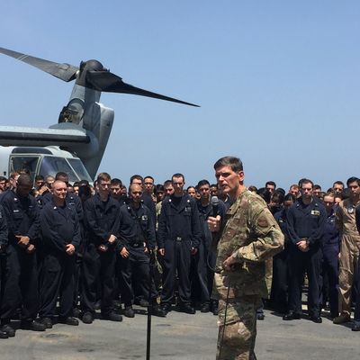 General Joseph Votel, the head of the U.S. military?s Central Command, speaks aboard the USS New Orleans, an amphibious dock ship, as it travels through the Strait of Hormuz July 11, 2016.