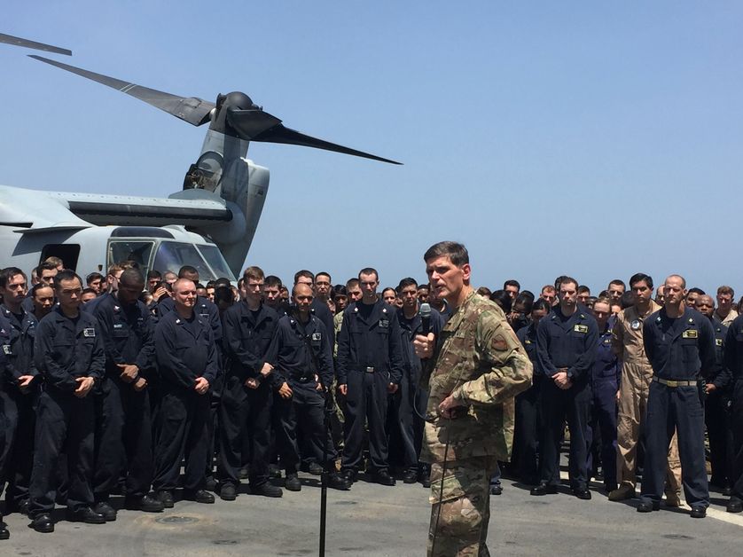 General Joseph Votel, the head of the U.S. military?s Central Command, speaks aboard the USS New Orleans, an amphibious dock ship, as it travels through the Strait of Hormuz July 11, 2016.
