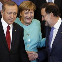 Recep Tayyip Erdogan, Angela Merkel et Mariano Rajoy le 8 juillet dernier au sommet de l'OTAN à Varsovie