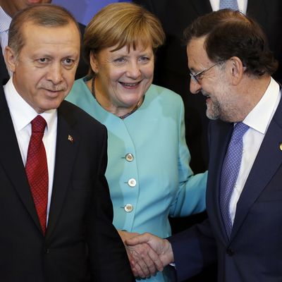 Recep Tayyip Erdogan, Angela Merkel et Mariano Rajoy le 8 juillet dernier au sommet de l'OTAN à Varsovie
