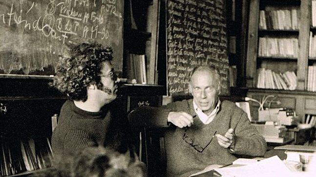 Jean Ricardou et Claude Simon lors d'un séminaire, à Cerisy