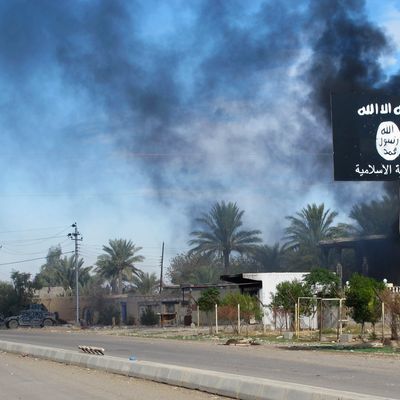 Une épaisse fumée se dégage de Saadiya, dans la province de Diyal, où les forces irakiennes ont repris le contrôle de la ville, chassant les membres de l'EI le 24 Novembre 2014.