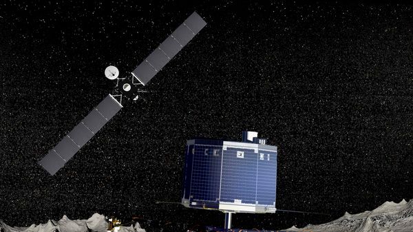 La sonde Rosetta au-dessus de la comète 67P Churyumov-Gerasimenko avec Philae à sa surface