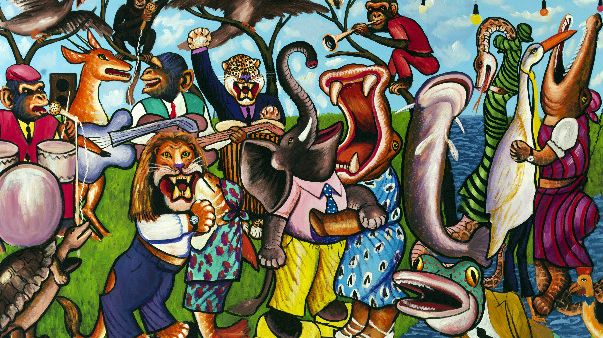 Moke, L’Orchestre dans la forêt, 1999 Acrylique sur toile, 141 × 264 cm CAAC – The Pigozzi Collection, Genève. © Moke Photo : Maurice Aeschimann, détail