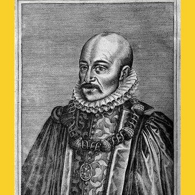 Estampe de Montaigne par Thomas de Leu ornant l'édition des Essais de 1608 et détails couverture "Un Été avec Montaigne" Ed. des Equateurs