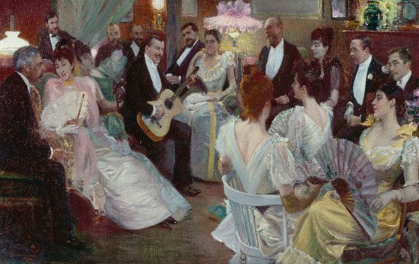 JEANNIOT Pierre Georges 1848, Genève - 1934, Paris Une chanson de Gibert 1891 Huile sur toile 56,1 x 97,6 cm S.D.B.G. : Jeanniot 1891
