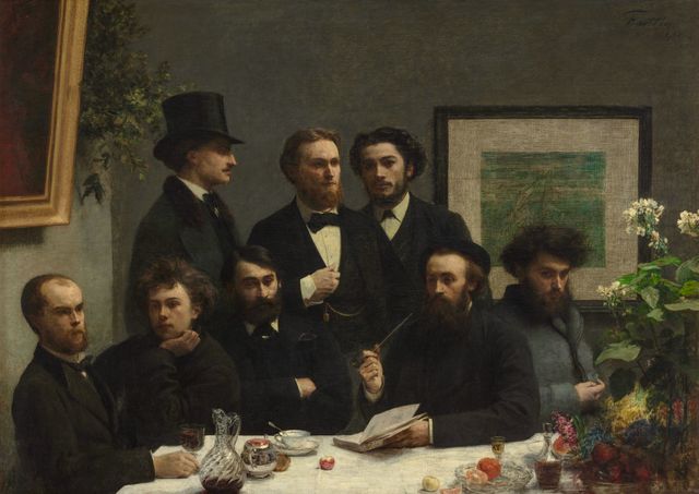 Coin de table (de g à d : Paul Verlaine, Arthur Rimbaud, Elzéar Bonnier, Léon Valade, Emile Blément, Jean Aicart, Ernest d'Hervilly, Camille Pelletan) 1872