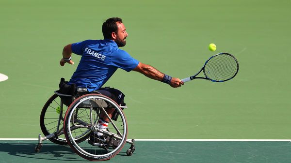 Michael Jeremiasz, joueur de tennis de l'équipe de France en fauteuil roulant - rencontre contre Joachim Gérard (Belgique) aux Jeux Paralympiques Rio de Janeiro le 12 septembre 2016